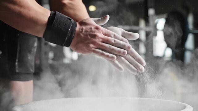 A weightlifter claps hands with chalk powder in slow motion. An athlete prepares for a heavy lift in the gym. Strength and power concept