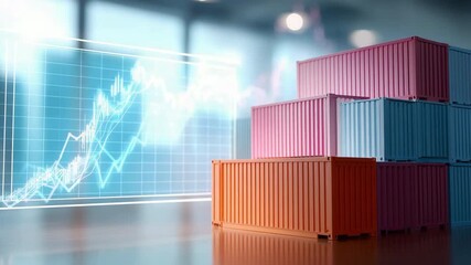 Colorful shipping containers with financial graph overlay in modern setting - Powered by Adobe