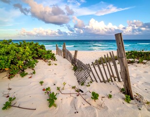 Fototapeta premium Sandy beach scene with a weathered wooden fence, lush green plants, and clear turquoise ocean under a partly cloudy sky