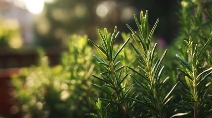 Close-up of vibrant green herb plants with needle-like leaves, illuminated by sunlight