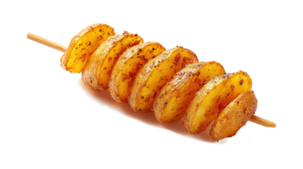 Tornado potato skewered on a wooden stick isolated on a white background