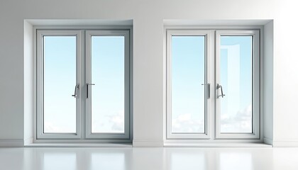 Obraz premium Two white casement windows show blue sky and clouds. Modern home windows are open to fresh air. Clean interior walls and floor reflect light. Building design offers bright natural light.