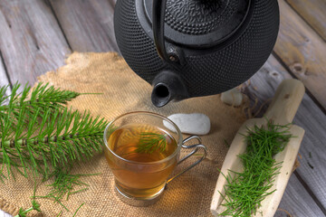 Equisetum arvense herbal tea with iron teapot and wooden scoop on rustic background