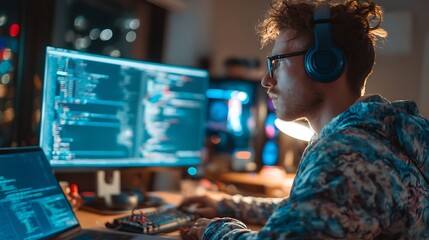 A young man with glasses and headphones codes on a computer at night with multiple monitors