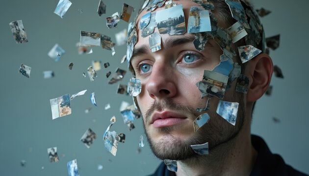 Man with fragmented face composed of floating torn pictures. Blue eyes stare ahead, lost in thought, mind scattered by memories and emotional distress, feeling disconnected.