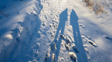 Long shadows on snowy ground cast by figures. Footprints in the fresh snow lead on a path