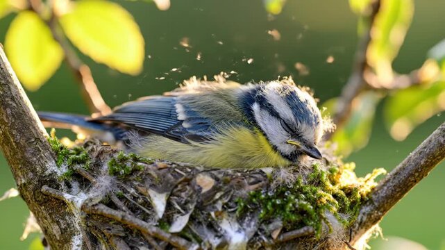 A small blue tit chick sleeping in its nest. Close-up of a young bird resting in a tree during spring. Wildlife in nature