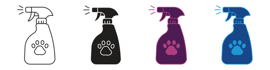 Dog paw sanitizer, pet cleaning spray, or disinfectant for animals. Ideal for pet care, hygiene, and grooming concepts. Vector illustration.