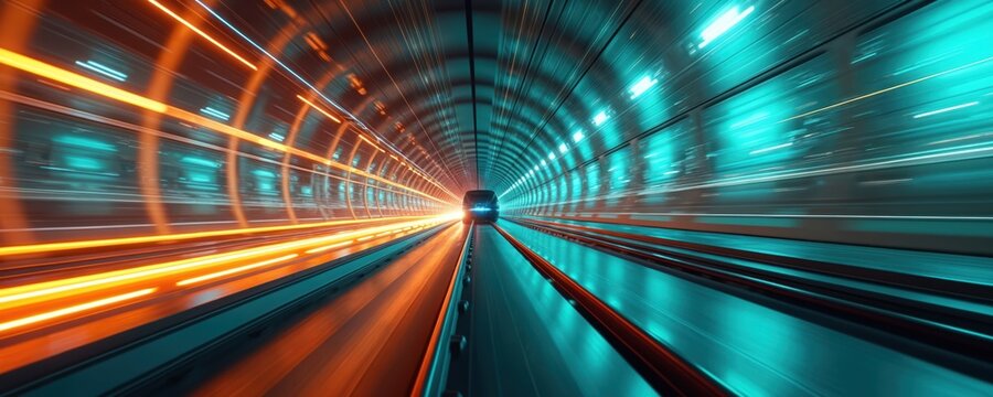Futuristic maglev train speeds through bright tunnel. Orange and blue lights streak past conveying extreme velocity. Advanced transit carries cargo and passengers at immense speed.