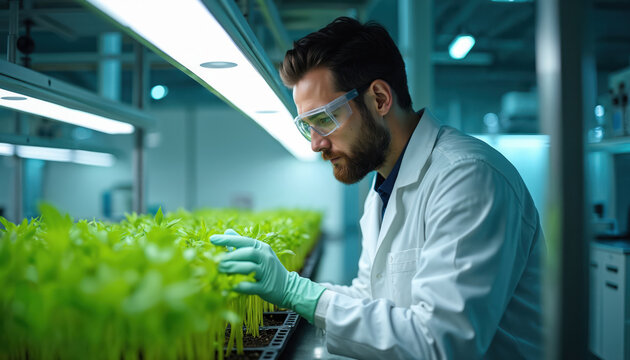 Scientist in lab coat, goggles examines young green plants. Researcher checks plant growth under artificial light for climate resilient crop development. Biotech expert studies seedlings in
