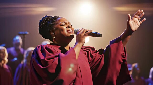 A Black female gospel singer performs with emotion on stage. An expressive woman sings a song of praise with her choir during a church service. Spiritual worship concept