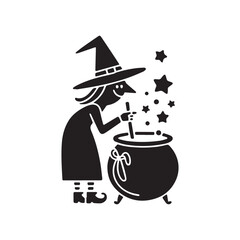 Halloween Witch Cooking Magic Potion in Cauldron Silhouette Vector