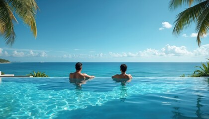 Couple relaxes in infinity pool with ocean backdrop. People enjoy serene tropical paradise, clear blue water and sky. Palm trees frame scenic luxury vacation spot.