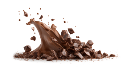 Yummy chocolate splash with falling pieces isolated on a white background