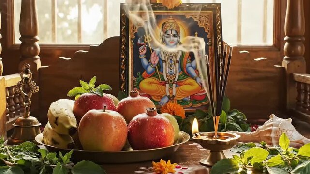 Traditional Lord Vishnu altar with offering fruits, incense, and sacred images for Varuthini Ekadashi festival celebration