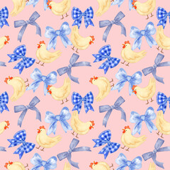 Cute chicken farm coquette bow seamless pattern and background. Animal cartoon character with ribbon bow wallpaper