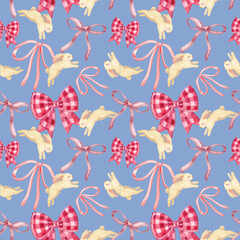 Seamless pattern with cute rabbit on ribbon bow background. Hand drawn Easter bunny background.