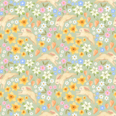 Seamless spring pattern with cute rabbit bunny in carrot garden, tulips, daffodils, lily and daisy gardening
