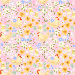 Seamless spring pattern with cute Chicken with baby chick flower garden, tulips, daffodils, lily and daisy gardening