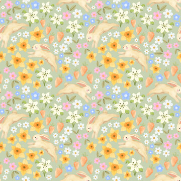 Seamless spring pattern with cute rabbit bunny in carrot garden, tulips, daffodils, lily and daisy gardening