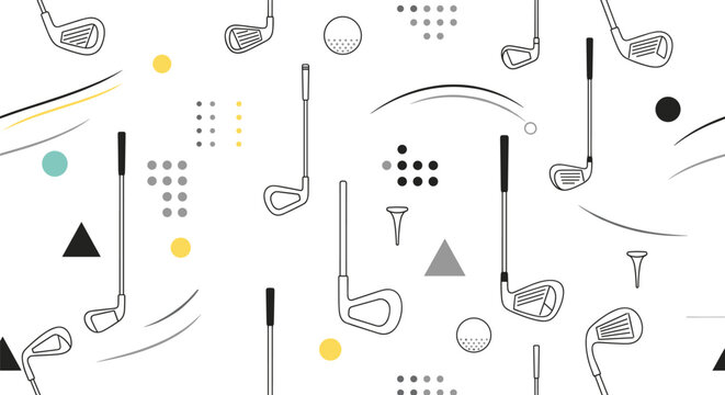 Modern abstract golf pattern featuring clubs, balls, tees, motion lines, and geometric shapes in clean minimalist vector illustration