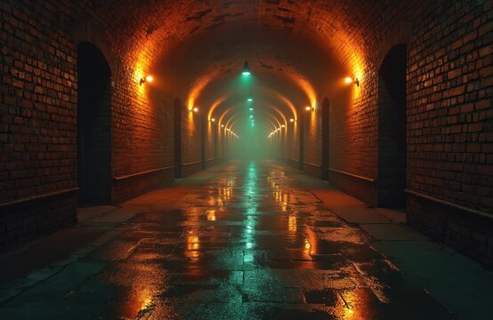 Dimly lit brick corridor with arched ceilings and wet reflective floor. Warm orange lights line hallway walls, contrasting with green mist ahead. Empty underground passage recedes into darkness.
