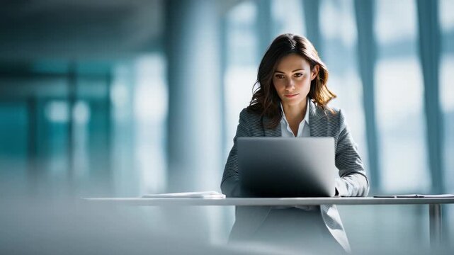 Focused Professional: A determined businesswoman intently works on her laptop in a modern office, embodying dedication and ambition.