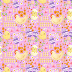 Seamless springtime pattern with cute Chicken with little chick flower garden, lily and daisy farm cozy countryside Easter egg