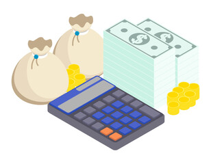 Isometric accounting of cash receipts and reporting. Isolated cartoon vector on white background top view