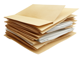 Piled kraft paper envelopes, some open, with white inserts
