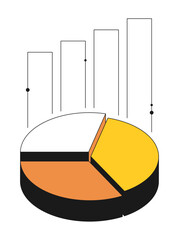 Isometric pie chart with rising profit graph. Contrast design with thin outline 3D vector isolated on white background