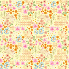 Seamless springtime pattern with cute Chicken with little bunny flower garden, snowdrops, lily and daisy farm cozy countryside Easter egg