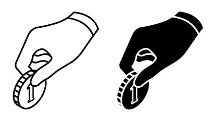 Linear isometric icon. Consumer hand holding a one dollar coin. Simple vector isolated on white background