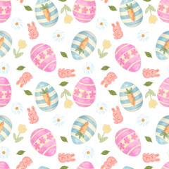 Seamless pattern of meadow field wildflower and Easter Egg with Gummy sweet yummy rabbit bunny watercolor
