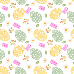 Seamless pattern of meadow field wildflower and Easter Egg with Gummy sweet yummy rabbit bunny watercolor