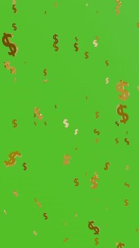 3D Golden dollar falling on green background. Full HD. 4K