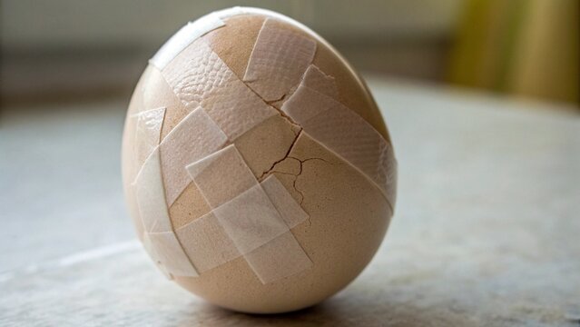 Cracked Egg Repaired with Tape for Fragility Healing and Emotional Repair Concept