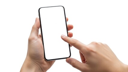 A person interacting with a smartphone on a white background