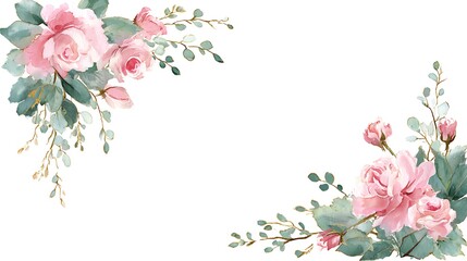 Watercolor illustration of pink roses and greenery forming decorative corner elements