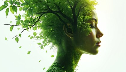 Woman profile fused with tree branches and green leaves. Represents nature, growth, and eco-consciousness. Symbolizes harmony between humanity and environment.