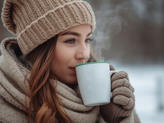 Woman enjoying warm drink in snowy weather