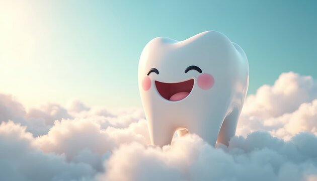 Happy cartoon tooth smiles on soft clouds against a bright sky. This friendly dental character promotes oral hygiene education for children and fun wellness concepts.