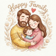 Watercolor illustration of a loving family hugging with "Happy Family" text and floral elements