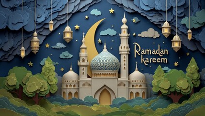 3d paper art of ramadan kareem with a mosque and lanterns, a crescent moon, stars, the text "ramadan" in the middle, green trees in the bottom right corner. 