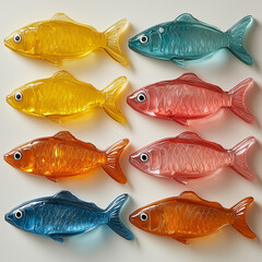 Fun fish shaped candies in charming sardine packaging, colorful playful confectionery ideal for candy branding, packaging design, social media content, advertising, kids products and creative food con