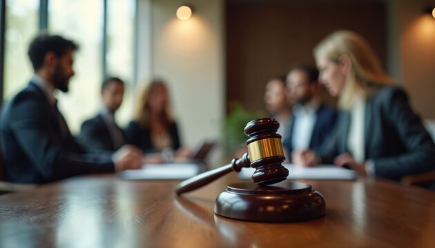 Lawyers in suits collaborate in a modern office. A judge gavel sits on the foreground table signifying legal proceedings or decision making. Team works on case files.