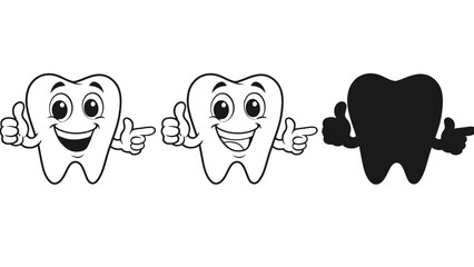 Obraz premium Happy cartoon teeth characters and silhouette offer dental care advice and support.