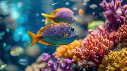 Colorful fish swim among vibrant coral reefs in a lively underwater scene near a tropical island