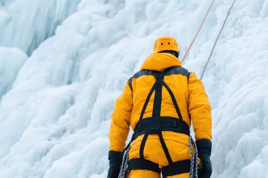 A climber in a yellow suit ascends a frozen waterfall, showcasing the thrill and challenges of ice climbing in a stunning winter landscape.