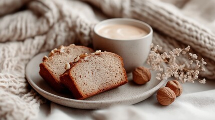 Two generous slices of healthy banana nut bread sit on a soft plate next to a cozy cup of creamy beverage, surrounded by natural elements that create a warm atmosphere